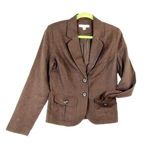Merona Blazer Women's S Brown Linen Long Sleeve Lined Pockets 3 Buttons Classic